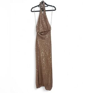 Zara Sequin Halter Maxi Dress in Bronze